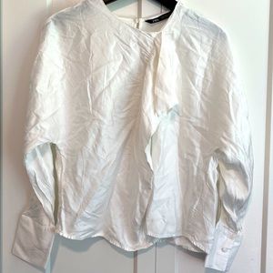 Zara Crinkled White Satin Ruffle Front Blouse |Size Medium